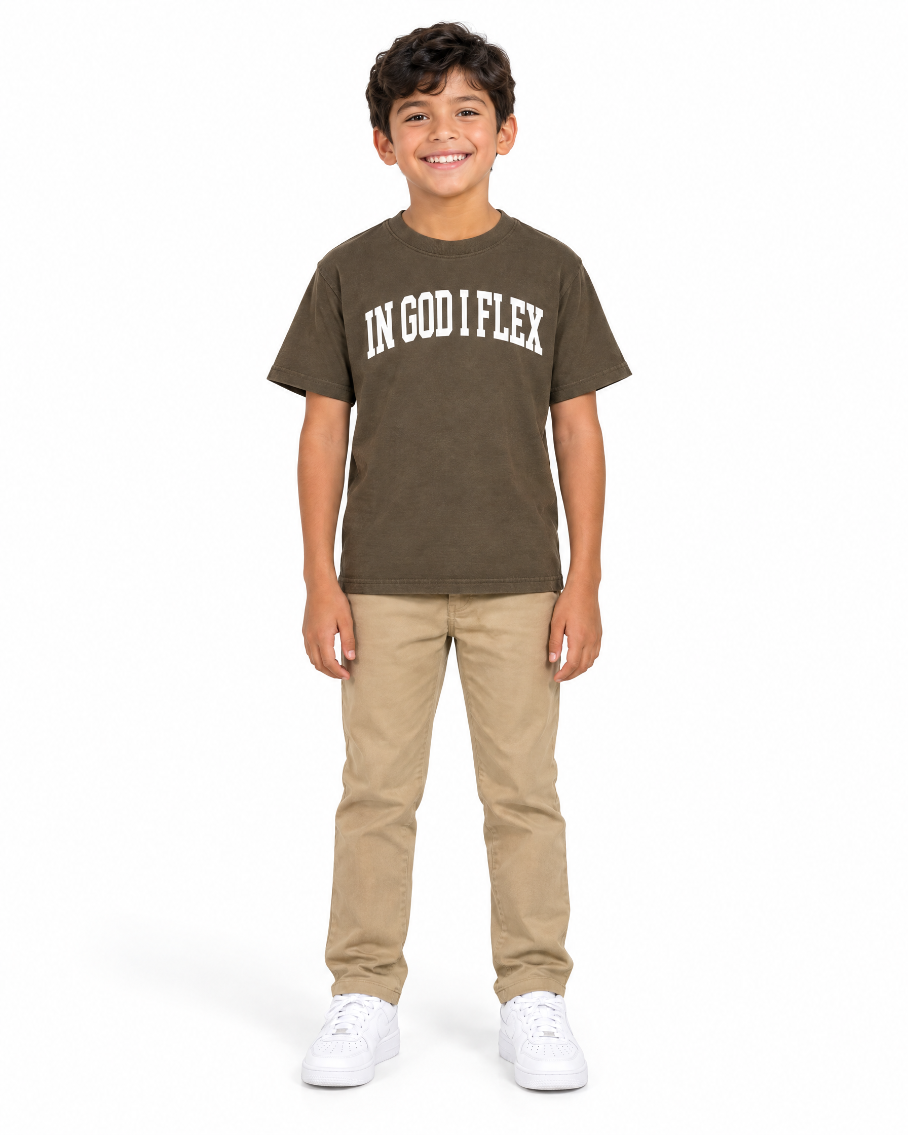 IGIF Kids Essential Tee II in Brown, worn by a child model