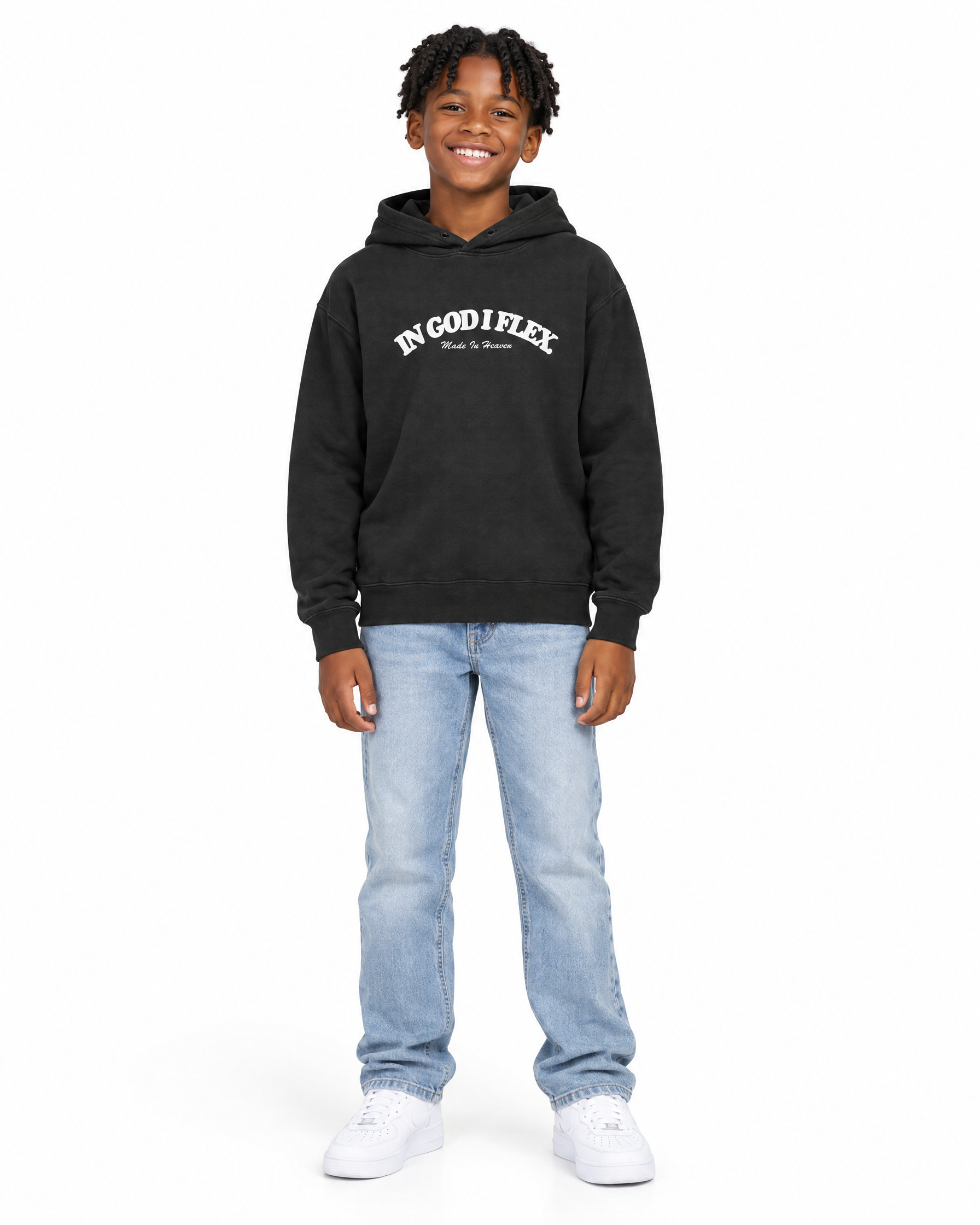IGIF Youth Lightweight Hoodie in Black, worn by a child model