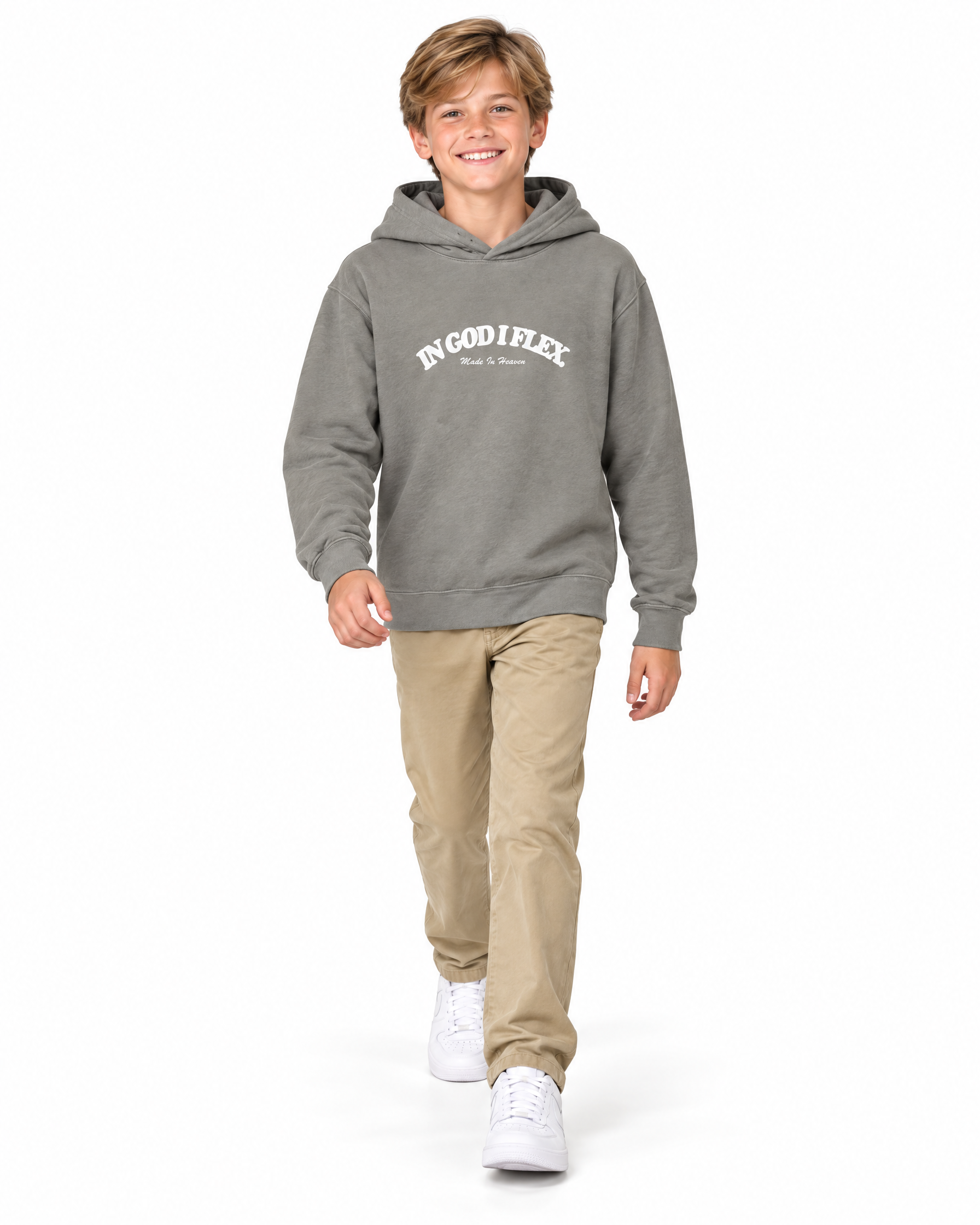 IGIF Youth Lightweight Hoodie in Grey, worn by a child model