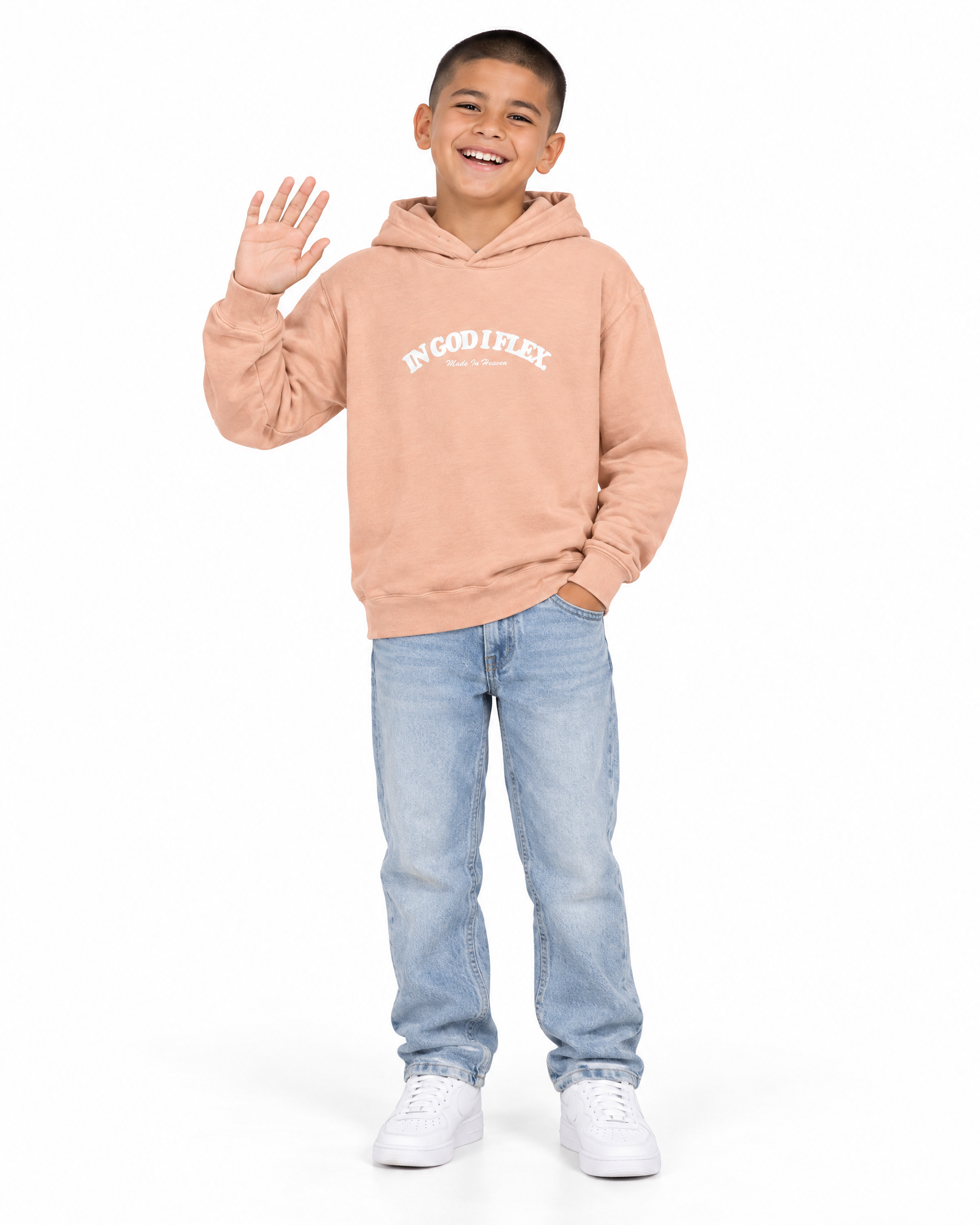 IGIF Youth Lightweight Hoodie in Peachy, worn by a child model