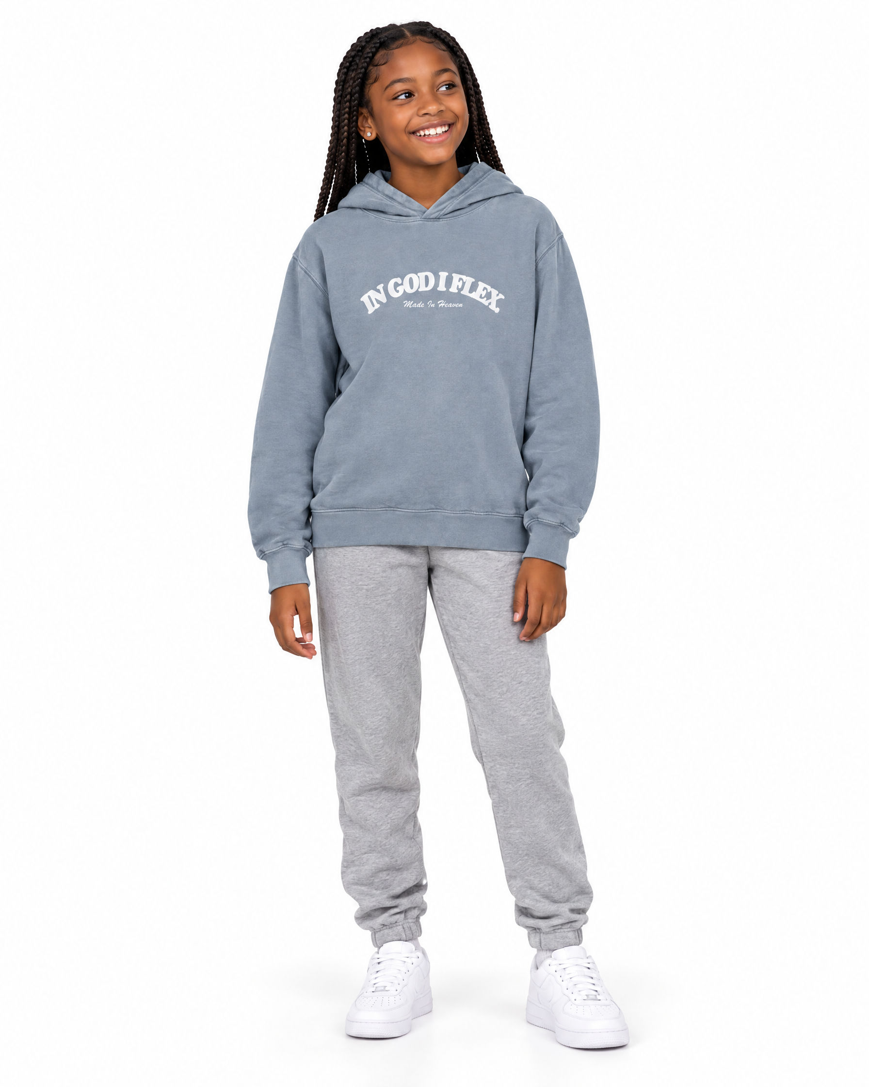 IGIF Youth Lightweight Hoodie in Blue Jean, worn by a child model