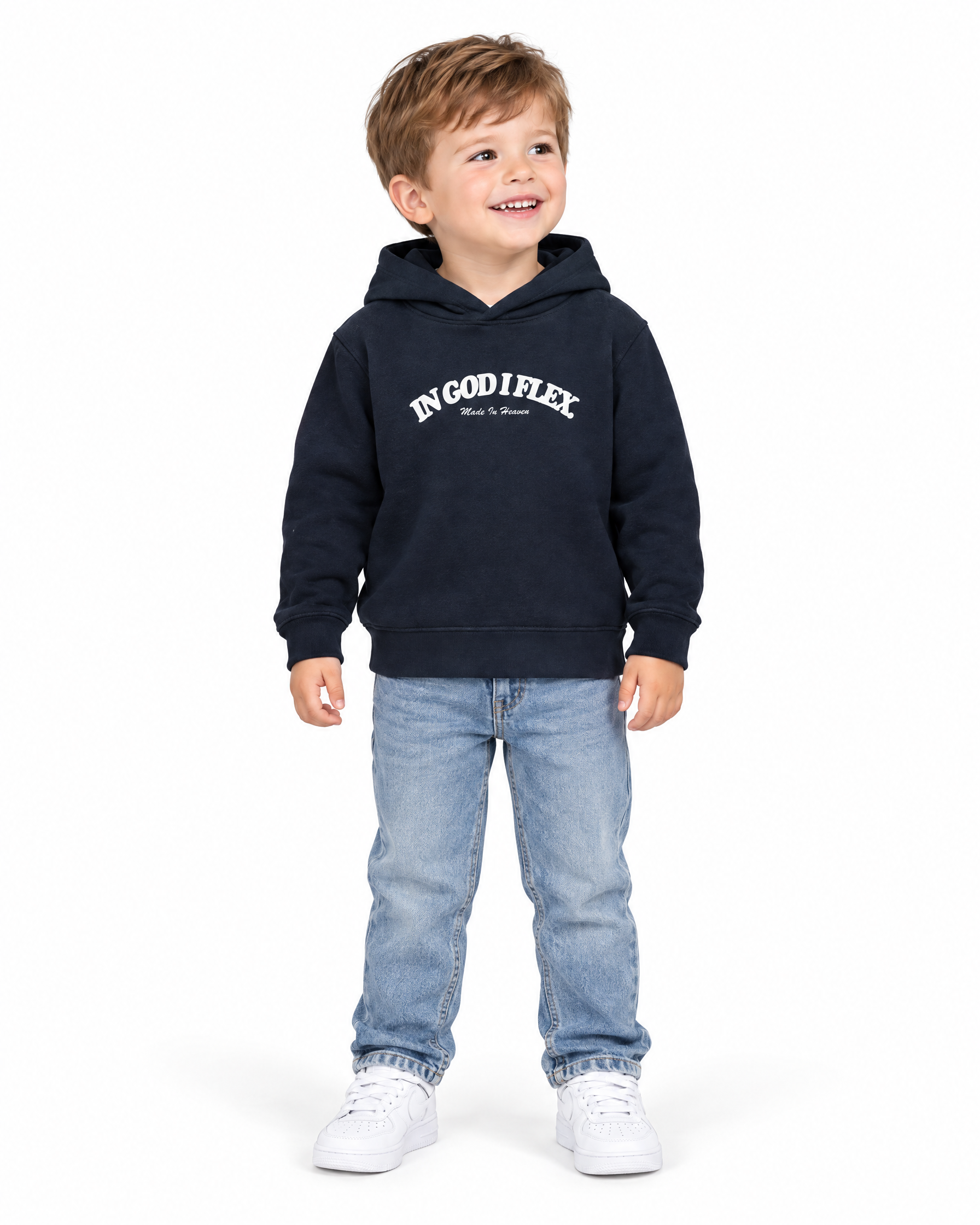 IGIF Toddler Hoodie in Navy, worn by a child model