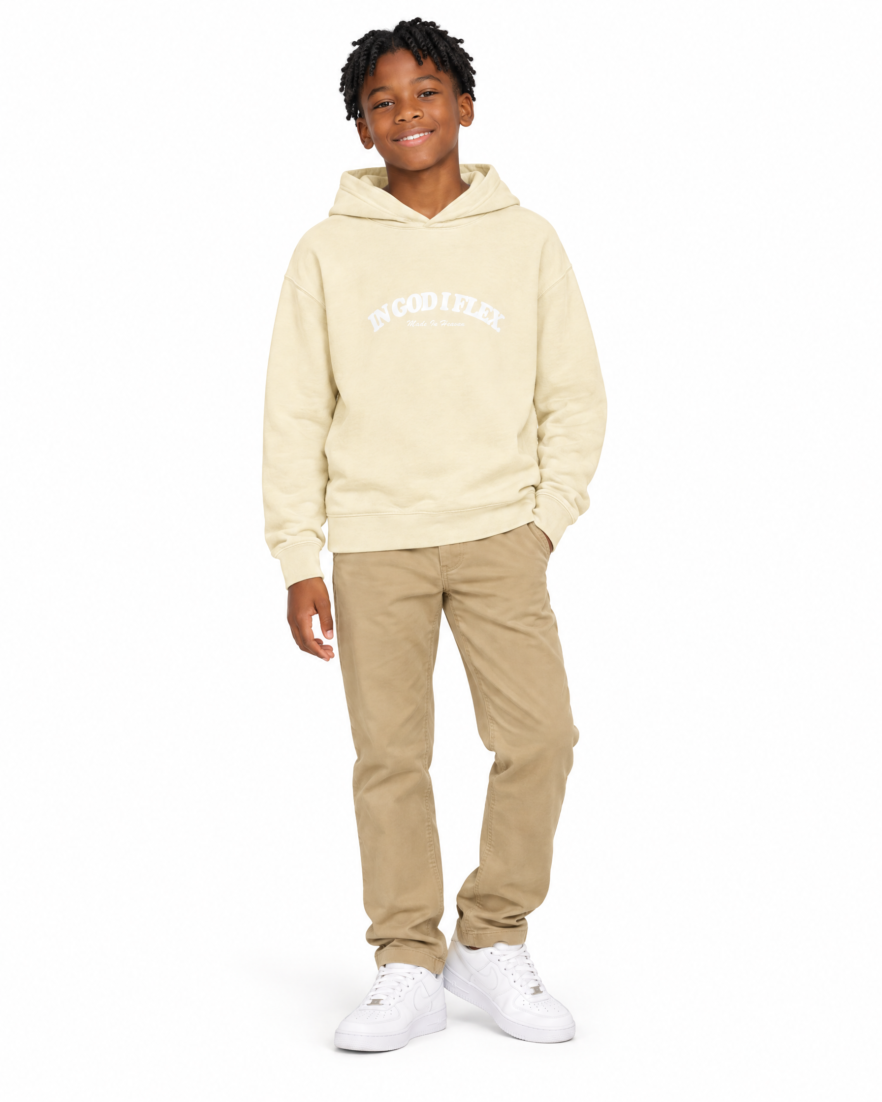 IGIF Youth Lightweight Hoodie in Ivory, worn by a child model