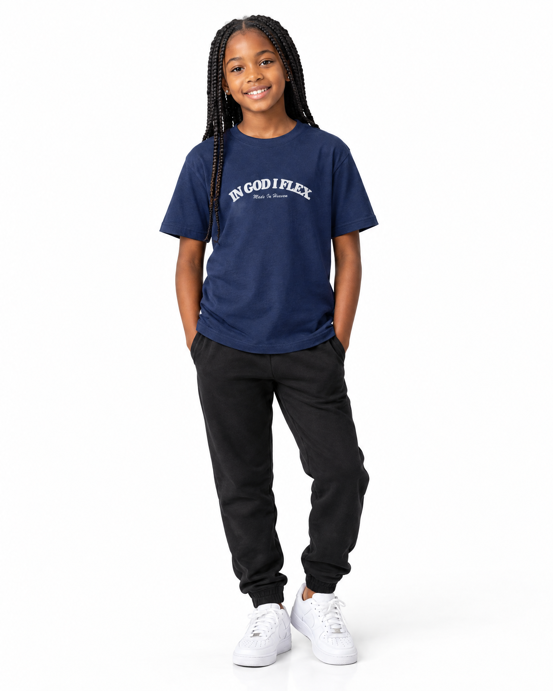 IGIF Youth Tee in Navy, worn by a child model