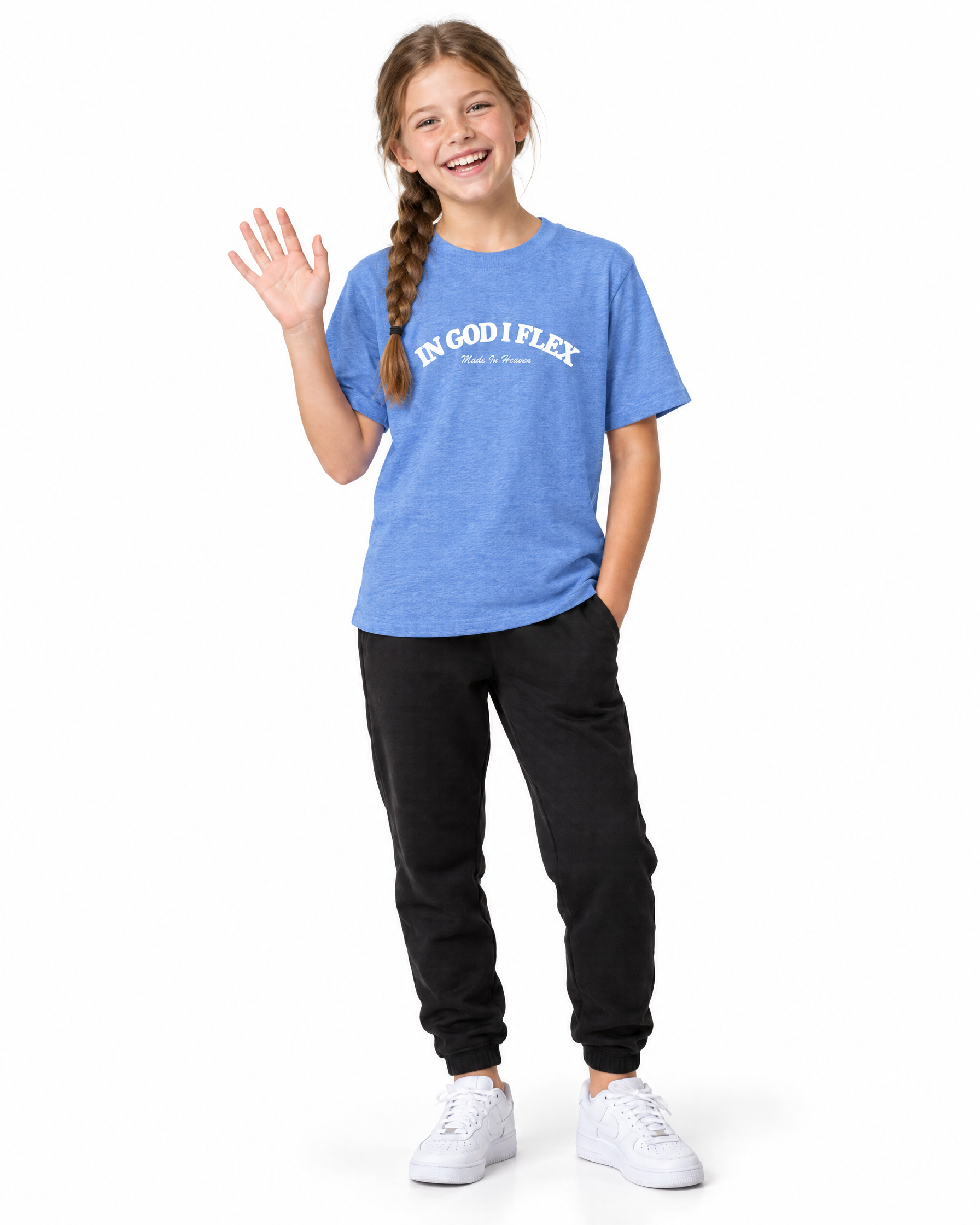 IGIF Youth Tee in Heather Columbia Blue, worn by a child model
