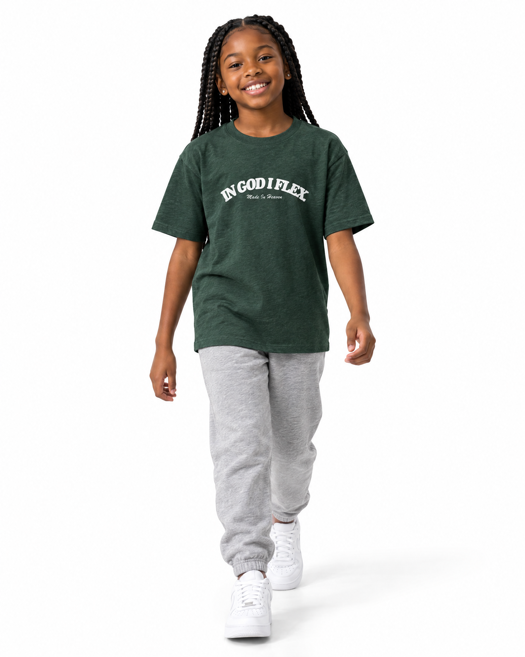IGIF Youth Tee in Heather Forest, worn by a child model