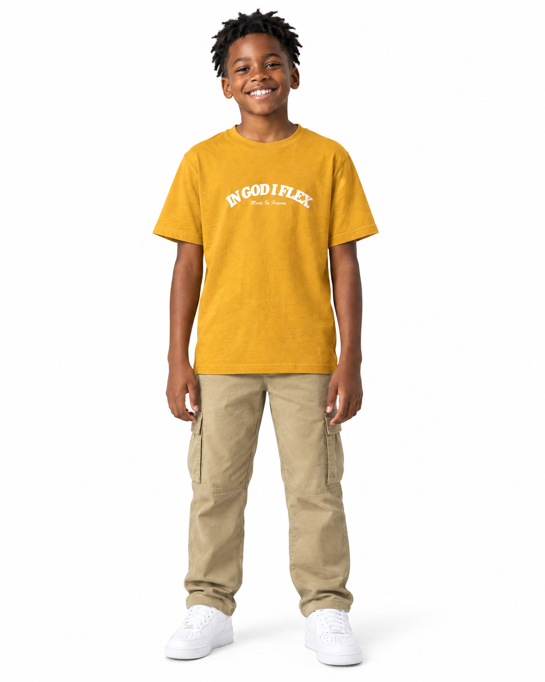 IGIF Youth Tee in Mustard, worn by a child model