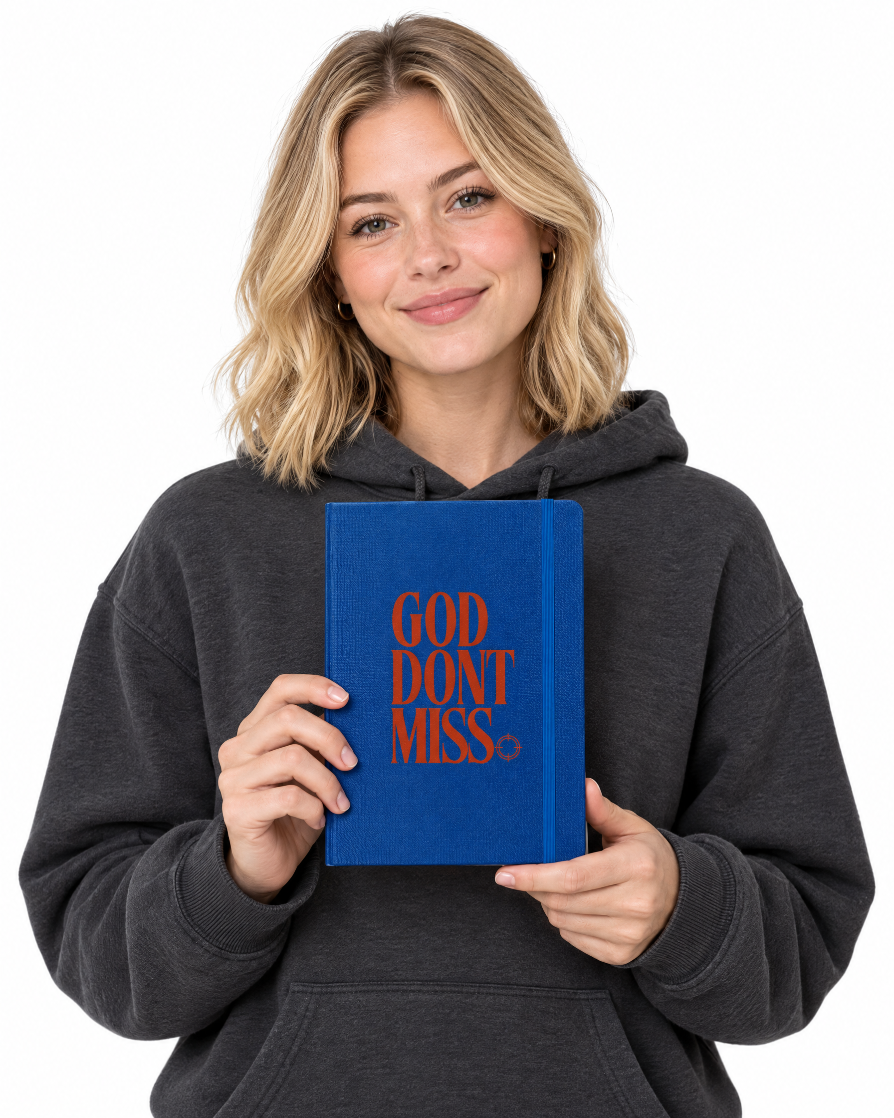 God Don't Miss Hardcover Journal in Blue, held by a model