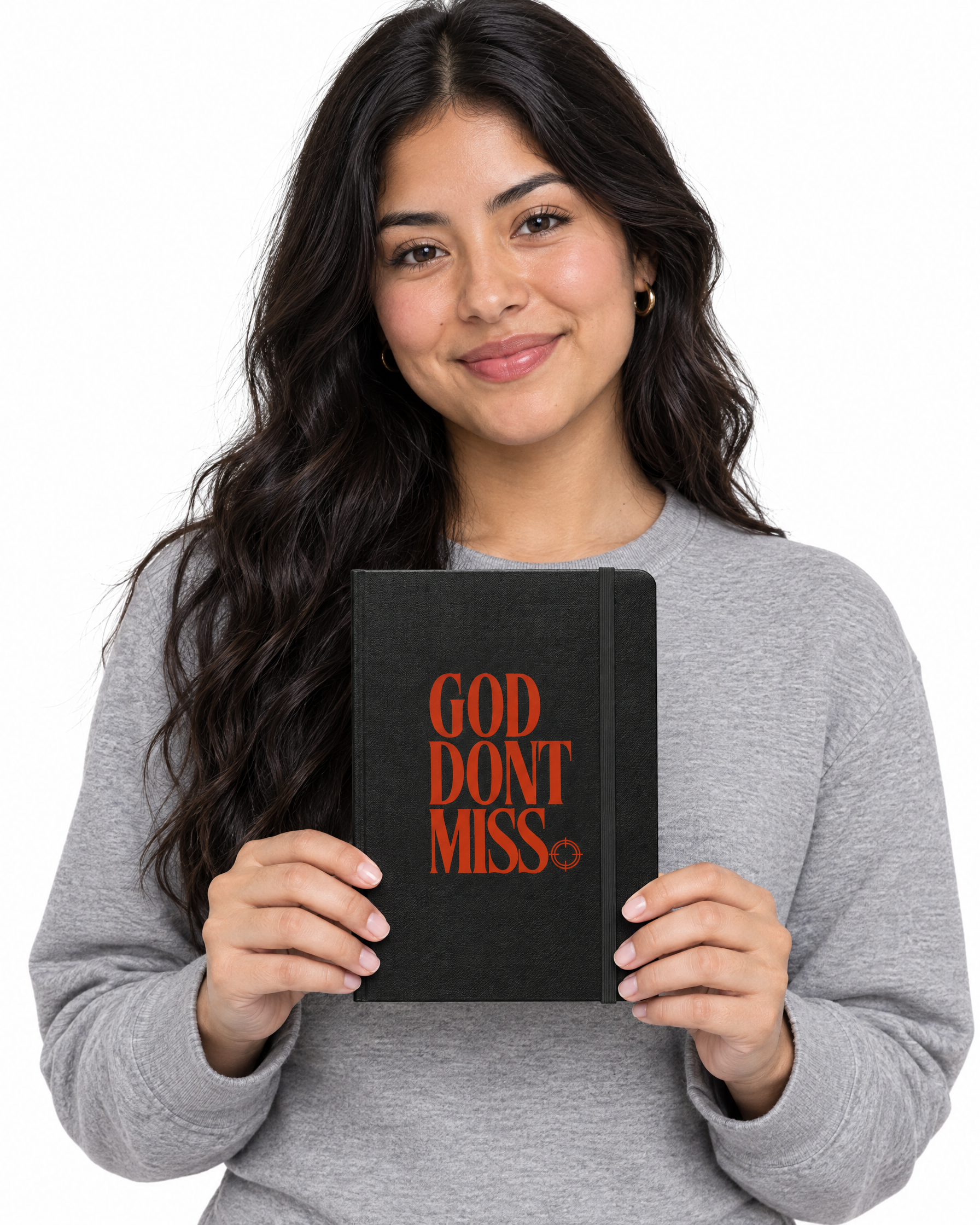 God Don't Miss Hardcover Journal in Black, held by a model