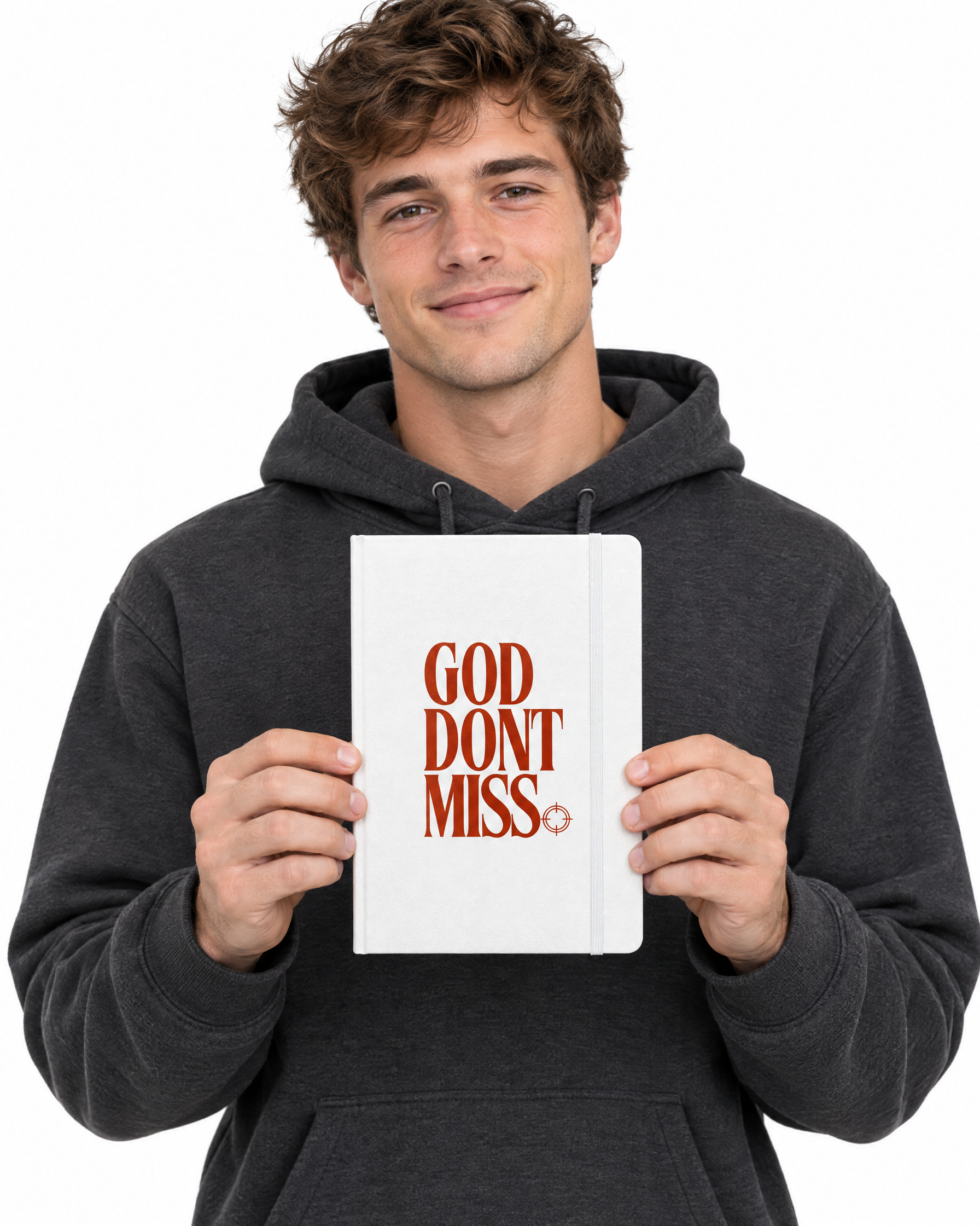 God Don't Miss Hardcover Journal in White, held by a model