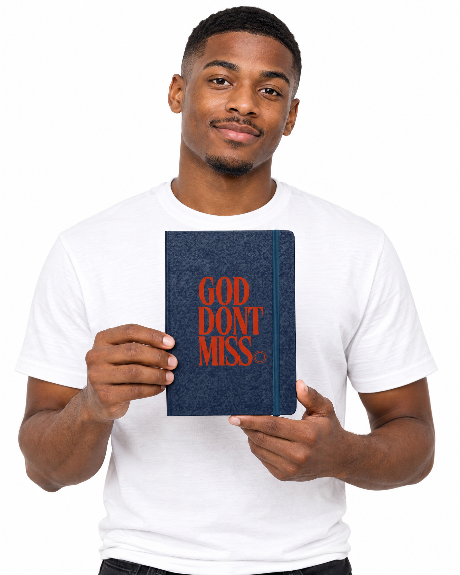 God Don't Miss Hardcover Journal in Navy, held by a model