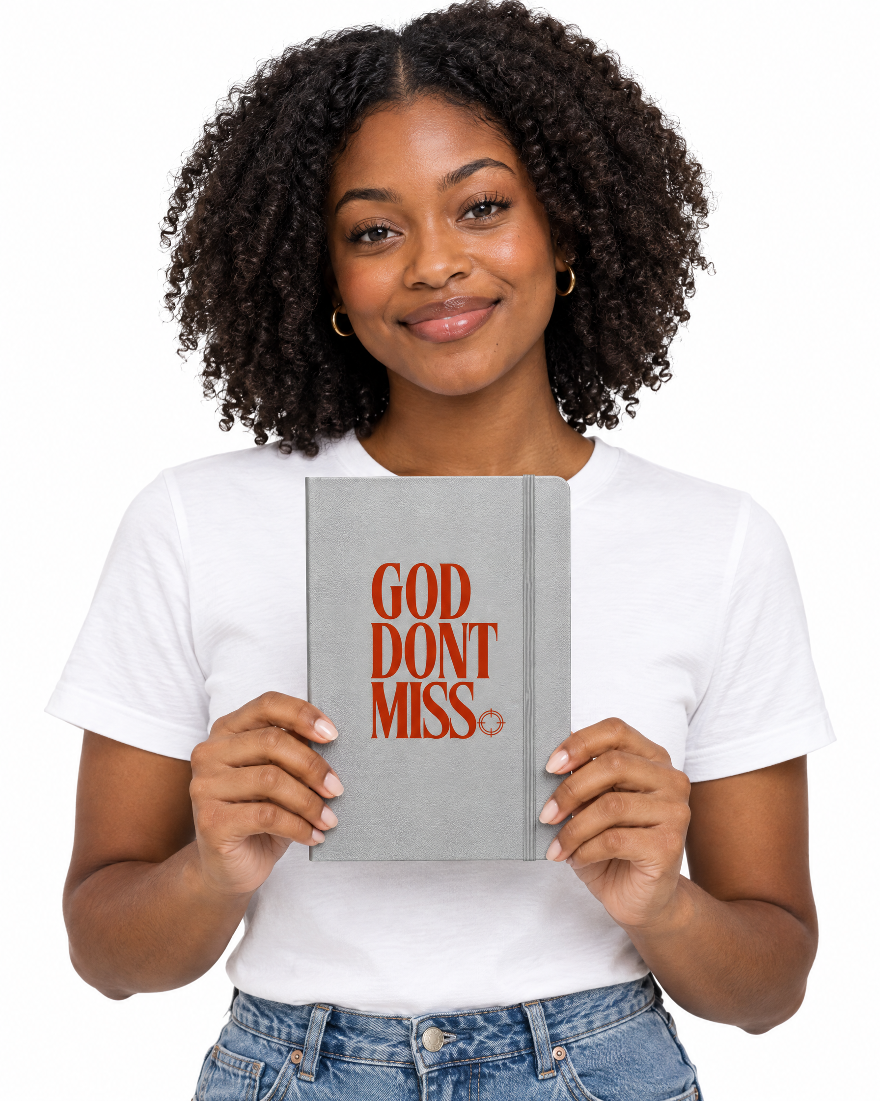 God Don't Miss Hardcover Journal in Silver, held by a model