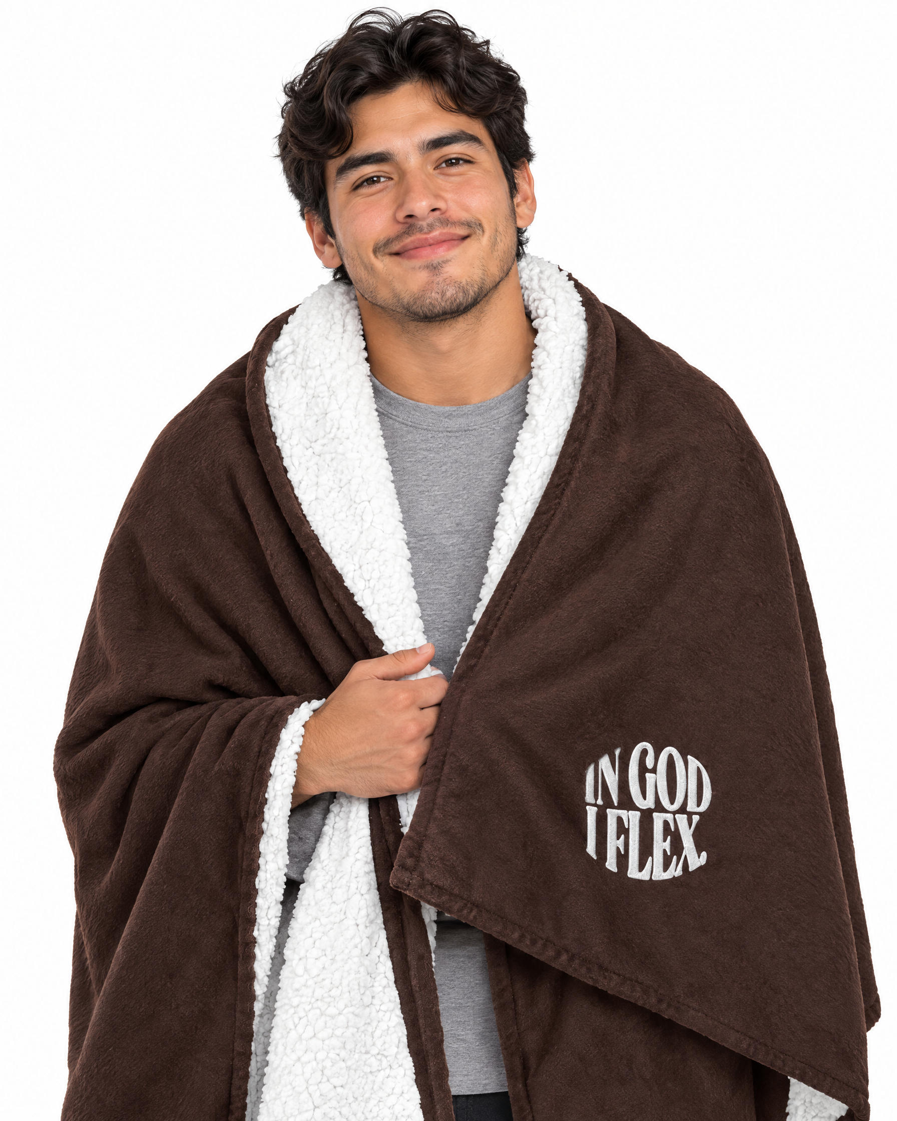 IGIF Sherpa Blanket in Fireside Brown, wrapped around a model
