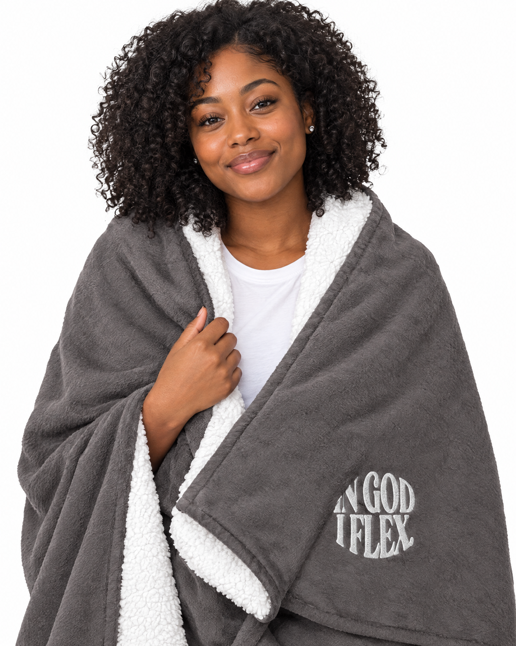 IGIF Sherpa Blanket in Heather Grey, wrapped around a model